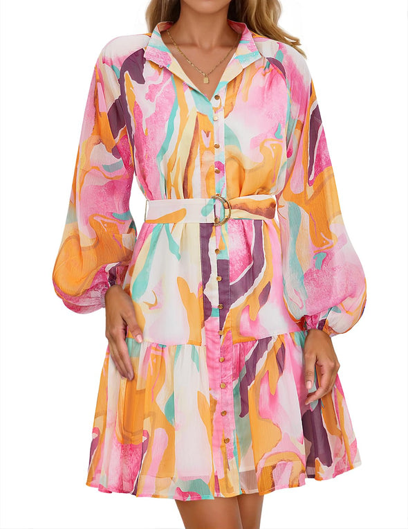 ZESICA Floral Button Chiffon A Line Party Short Dresses