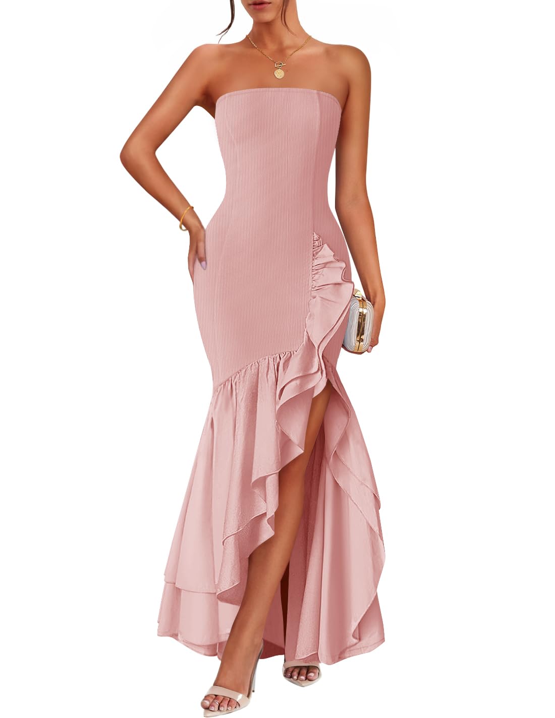 women's light pink strapless mermaid dress for a club singer ZESICA Strapless Bodycon Ribbed Sexy High Split Mermaid Dresses – zesica