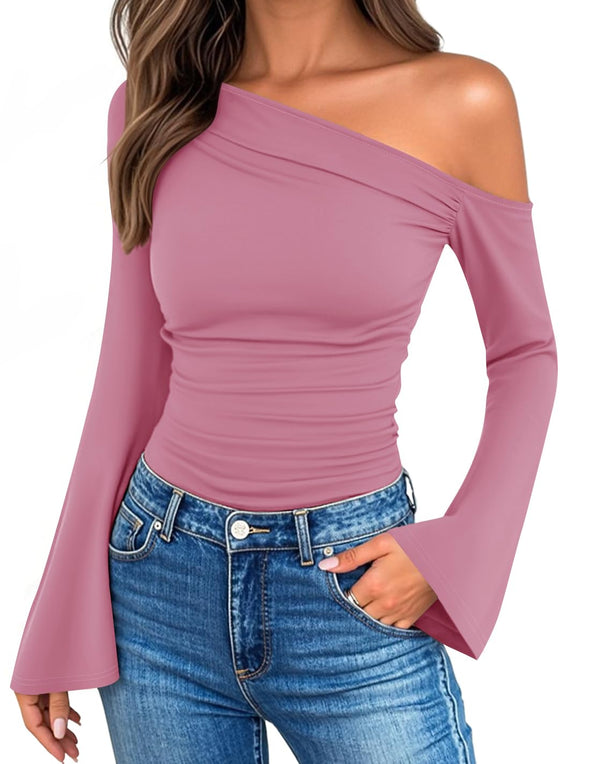 ZESICA Off Shoulder Going Out Ruched Tight Fitted Y2K Clothes