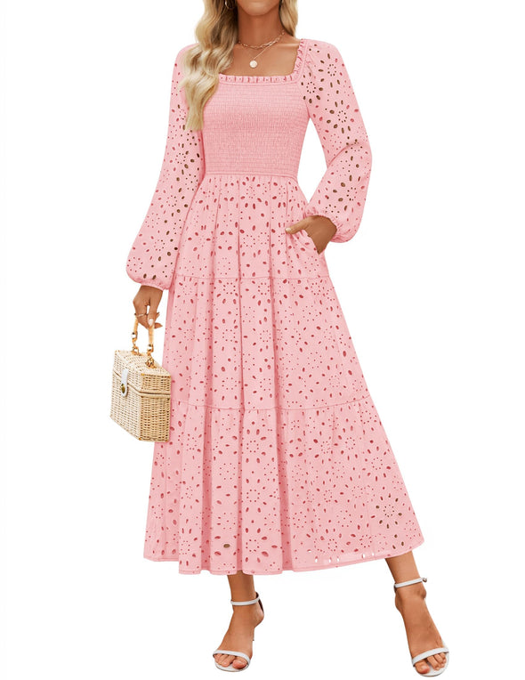 ZESICA Square Neck Hollow Out Eyelet Smocked A Line Boho Dress