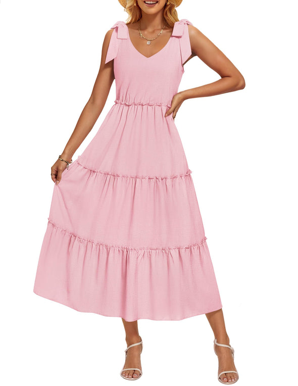 ZESICA Tie Shoulder Flowy Tiered A Line Beach Long Sundress