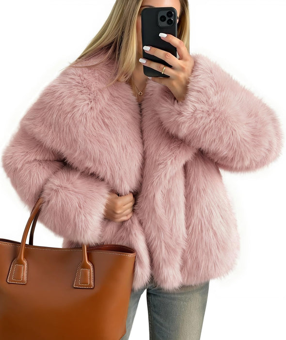 ZESICA Winter Faux Fur Coats Fluffy Jacket Lapel Shaggy Warm Outerwear