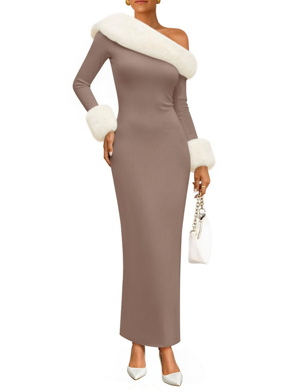 ZESICA Formal Off Shoulder Faux Fur Bodycon Side Slit Maxi Dress