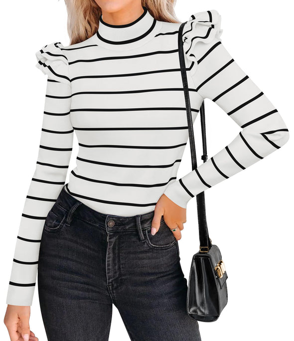 ZESICA Striped Ruffle Turtleneck Ribbed Knit Pullover Tops