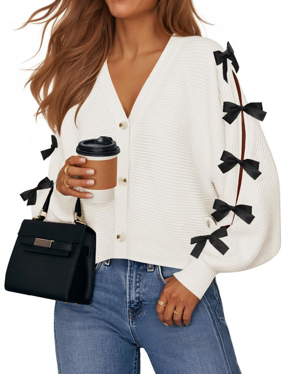 ZESICA Fall Bow Cardigans Button V Neck Knit Outerwear Coats
