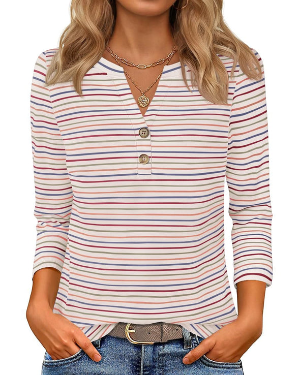 ZESICA Boho Striped Henley Shirts 3/4 Sleeve Tops Casual Blouses