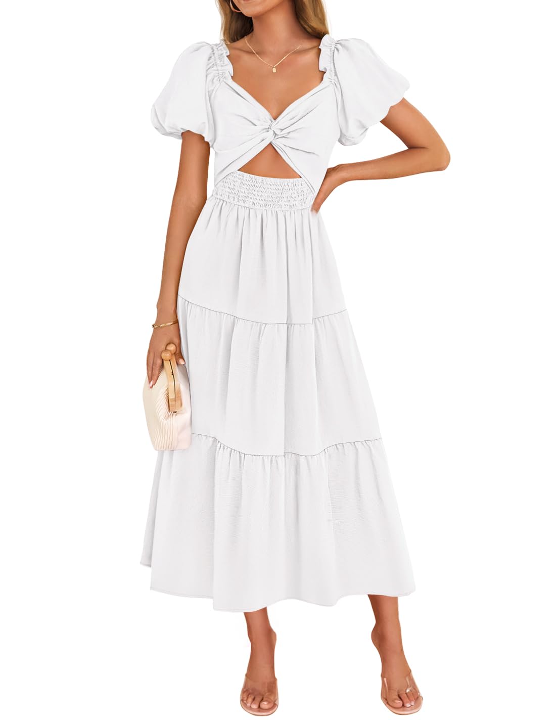 ZESICA Smocked Short Puff Sleeve Twist Knot Cutout Flowy Dresses zesica ZESICA Smocked Short Puff Sleeve Twist Knot Cutout Flowy Dresses zesica