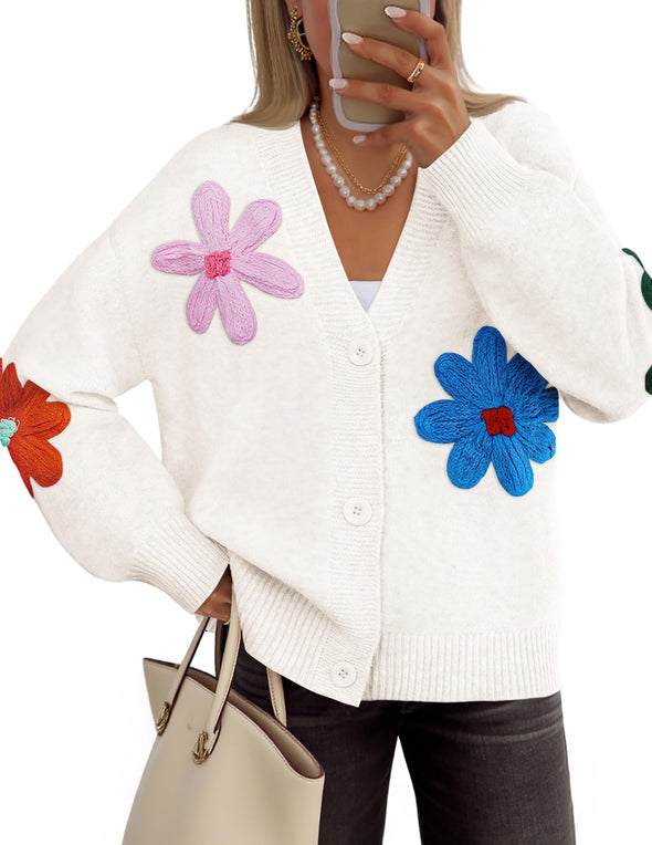 ZESICA Casual Open Front Button Down V Neck Knit Sweater