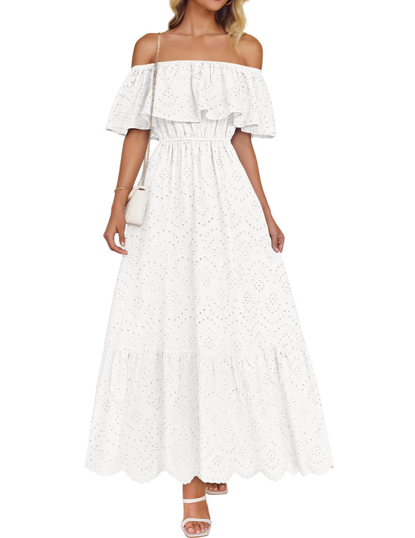 ZESICA Off Shoulder Ruffle Short Sleeve High Waist Hollow Dresses