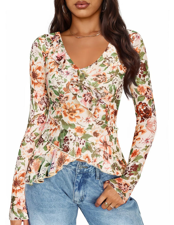 ZESICA Floral Shirts V Neck Going Out Ruffle Tops Blouses