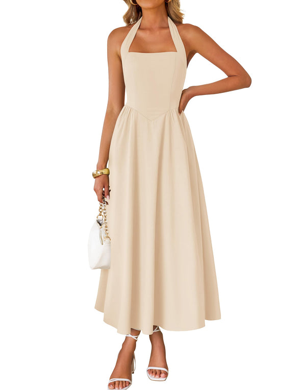 ZESICA Sleeveless Halter Off Shoulder High Waist Beach Long Dresses