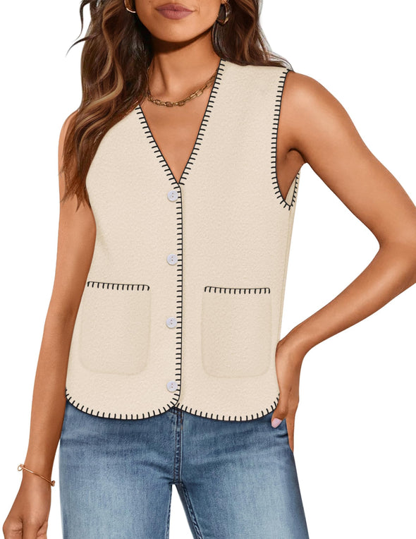 ZESICA Vest V Neck Knit Button Down Loose Crop Tank Tops