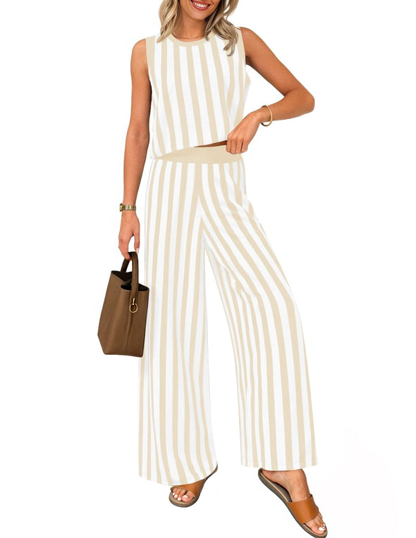ZESICA Two Piece Outfits Crop Tank Tops and Wide Leg Pants Striped Sets