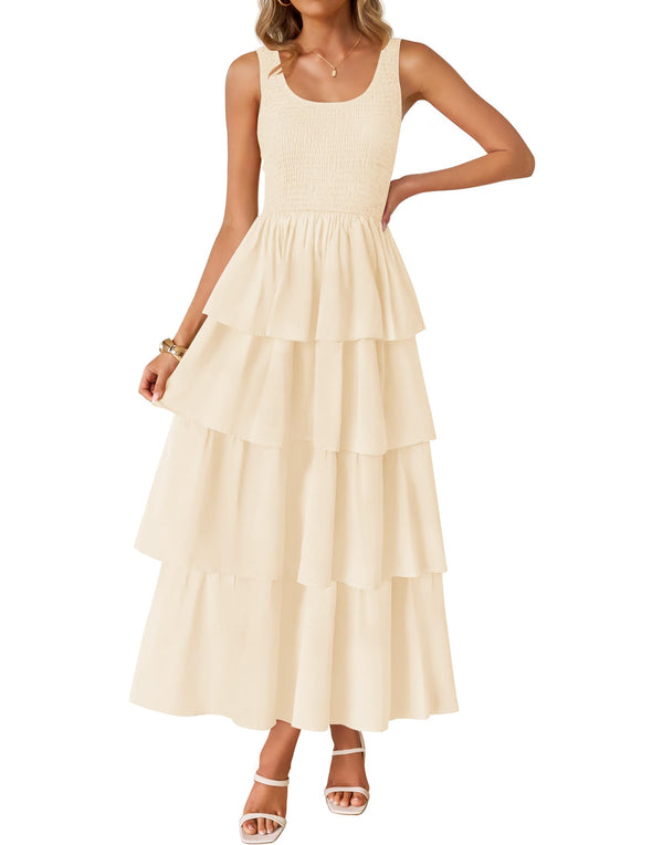 ZESICA Scoop Neck Ruffle Tiered Layered Swing Long Beach Dresses