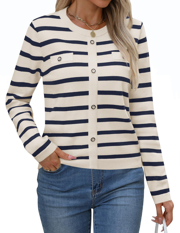 ZESICA Striped Crewneck Ribbed Knit Shirts Pullover Tops