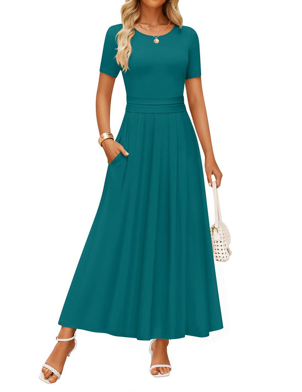 ZESICA Short Sleeve Crewneck Pleated A Line Flowy Long Dresses