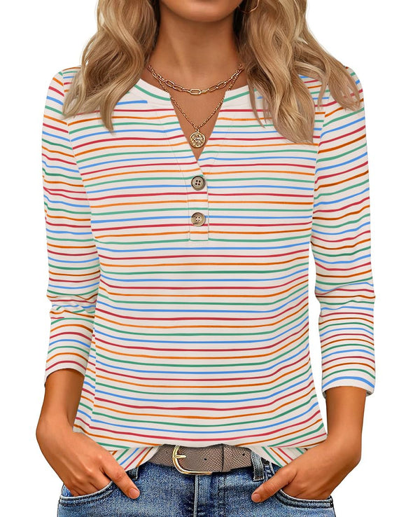 ZESICA Boho Striped Henley Shirts 3/4 Sleeve Tops Casual Blouses