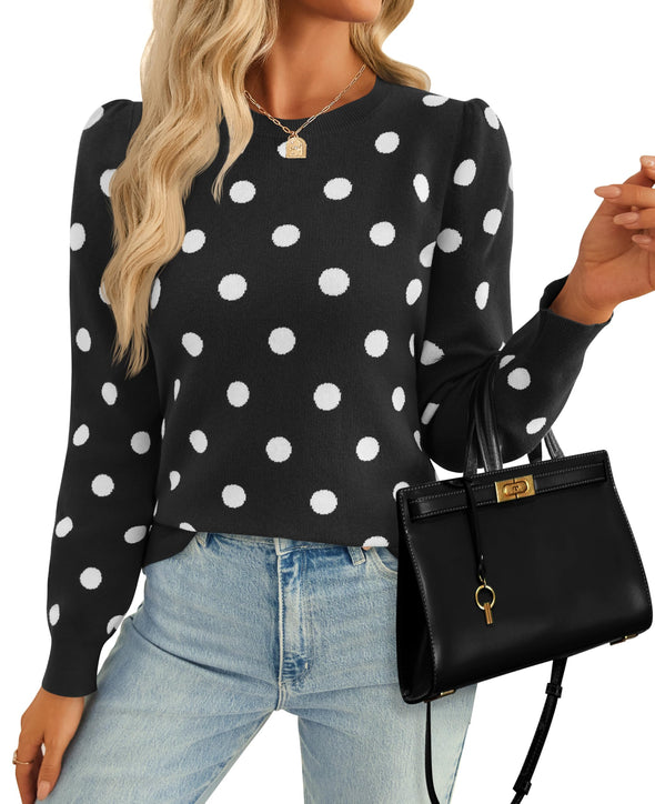 ZESICA Crewneck Polka Dots Ribbed Knit Soft Pullover Sweater