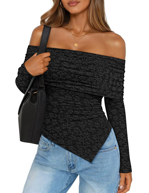ZESICA Mesh Long Sleeve Shirts Asymmetrical Ruched Tee Blouses