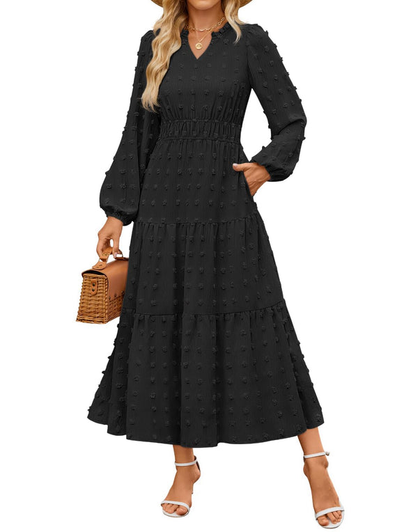 ZESICA Boho V Neck Swiss Dot Tiered Flowy Swing Dress
