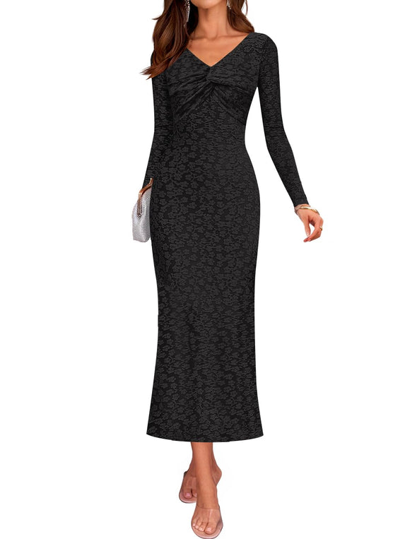 ZESICA Floral Long Sleeve Bodycon Boho V Neck Cocktail PartyDresses