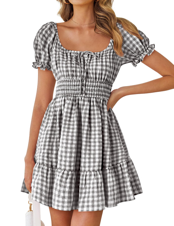 ZESICA Square Neck Puff Sleeve Plaid Ruffle Flowy Smocked Dresses