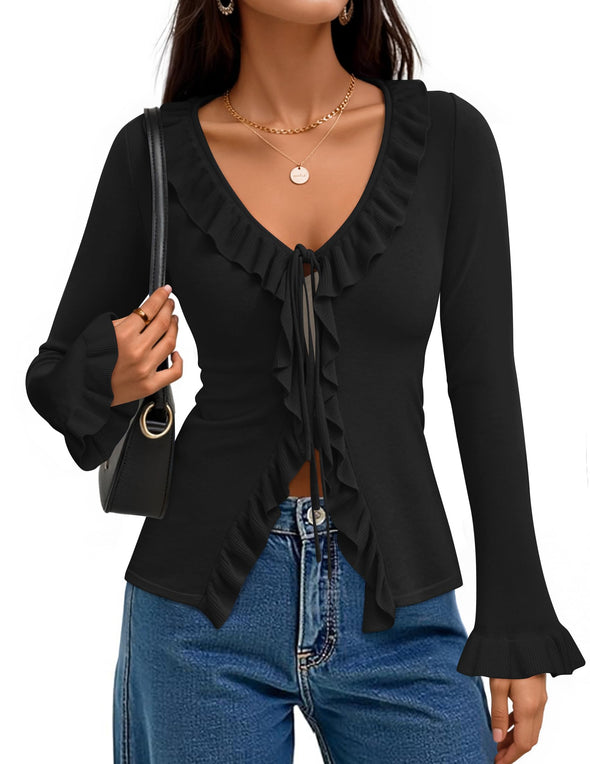 ZESICA Fall Tie Front Bow Bell V Neck Ruffled Knit Cropped Trendy Tops