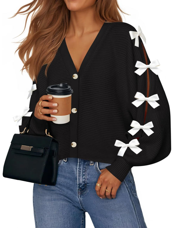ZESICA Fall Bow Cardigans Button V Neck Knit Outerwear Coats