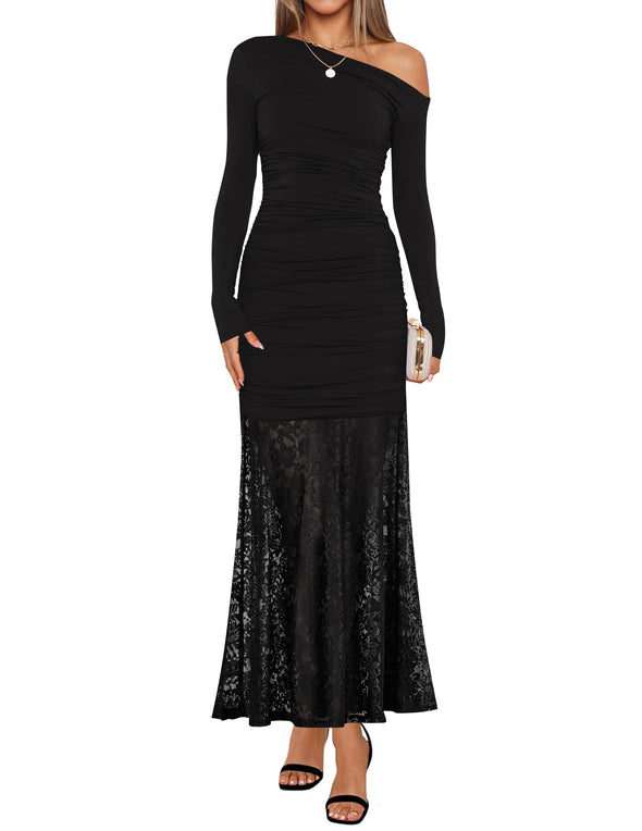 ZESICA Off Shoulder Bodycon Ruched Lace Wedding Guest Cocktail Dress