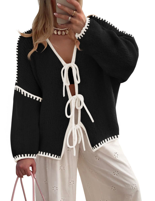 ZESICA Tie Front Bow Knit Color Block Fall Winter Clothing Coats