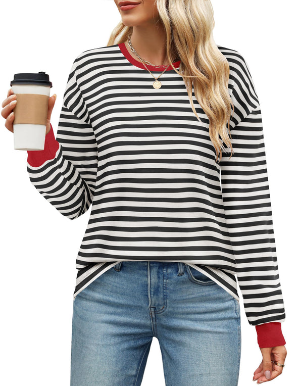 ZESICA Striped Shirts Fall Crewneck Casual Loose Fit Tunic Tops