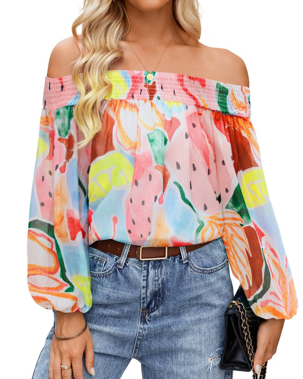 ZESICA Off Shoulder Floral Chiffon Loose Dressy Blouses