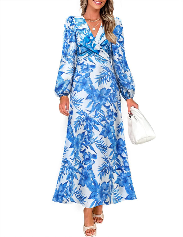 ZESICA Fall Boho V Neck Belted High Wasit Flowy Cocktail Party Dress
