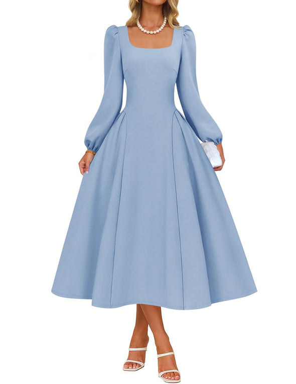 ZESICA Fall Square Neck Swing A Line Wedding Guest Evening Prom Dress