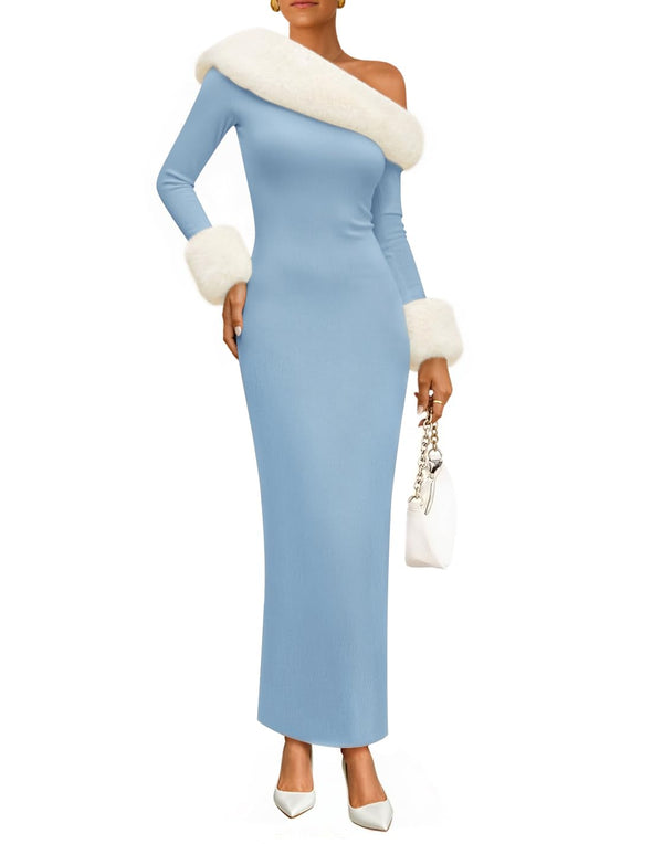 ZESICA Formal Off Shoulder Faux Fur Bodycon Side Slit Maxi Dress