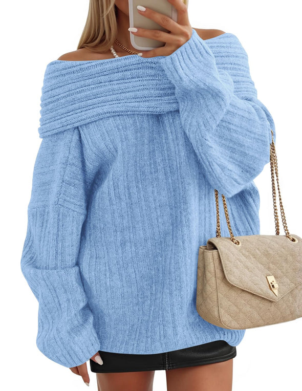 ZESICA Off The Shoulder Sweater Oversized Winter Ribbed Knit Tops