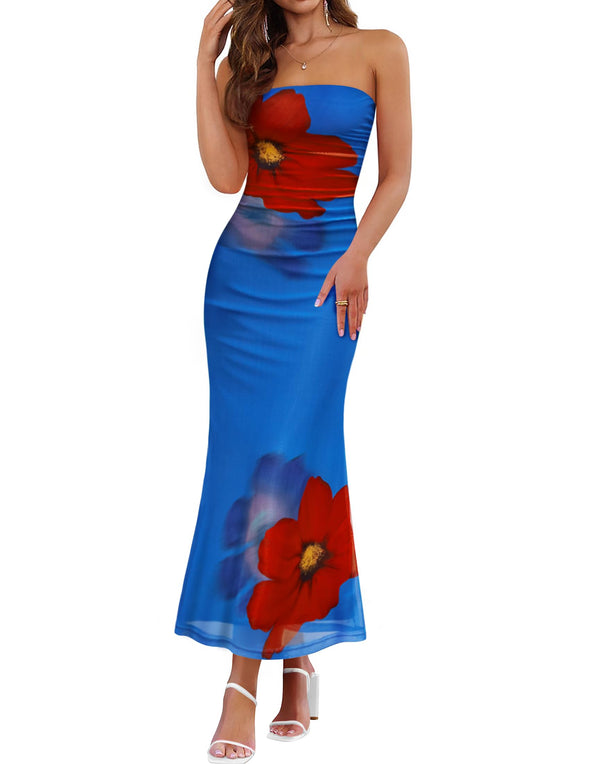 ZESICA Boho Floral Strapless Off Shoulder Bodycon Dresses