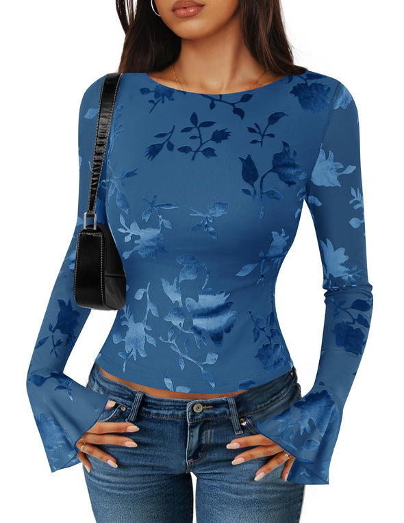 ZESICA Fall Fashion Boat Neck Fitted Shirts Trendy Going Out Y2k Outfits