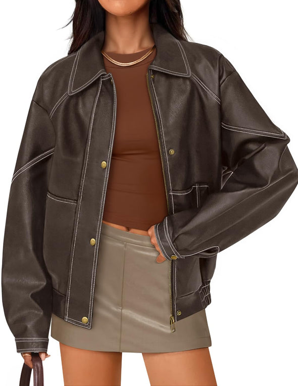 ZESICA Faux Leather Jacket Oversized Zipper Motorcycle Coats