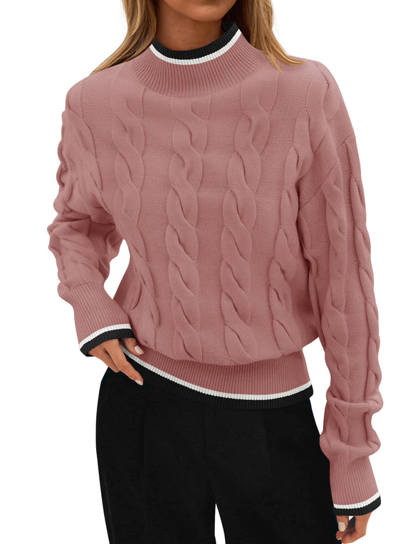 ZESICA Cable Knit Contrast Color Chunky Pullover Sweater