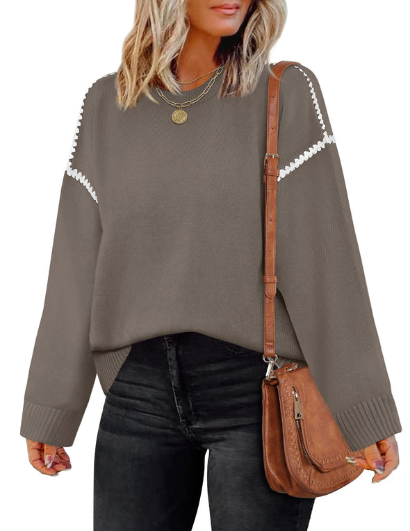 ZESICA Sweaters Crew Neck Loose Fit Ribbed Knit Color Block Soft Pullover Top