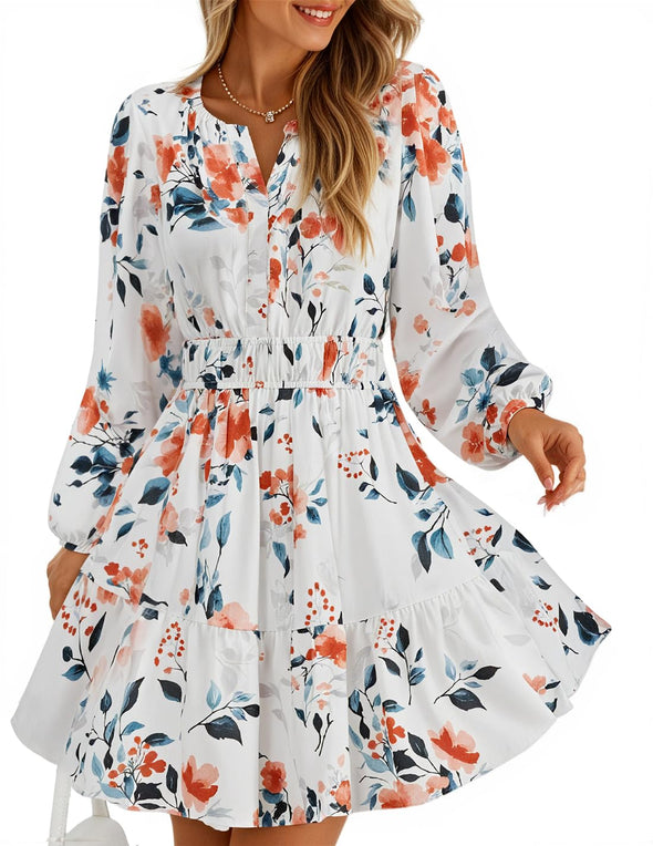 ZESICA Floral V Neck Smocked A Line Flowy Boho Mini Dresses