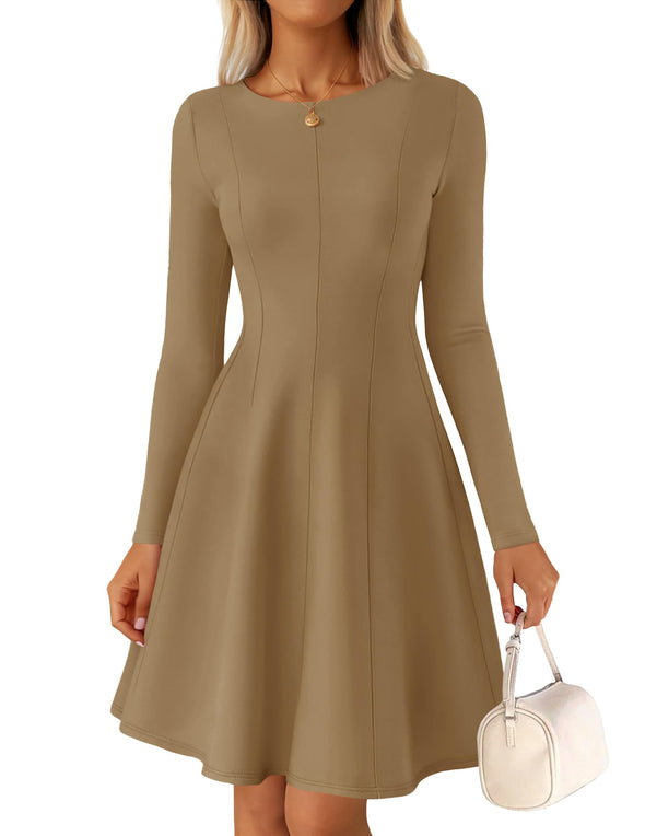 ZESICA Fall Crewneck Pleated Babydoll A Line Flowy Dresses