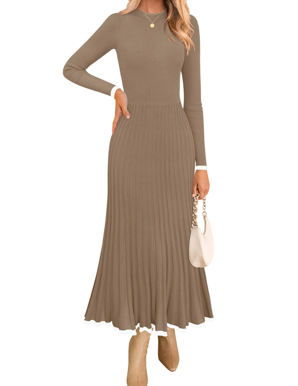 ZESICA Crewneck Ribbed Knit Pleated A-Line Wedding Dresses