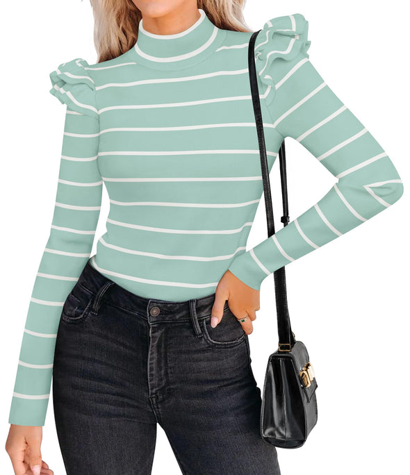 ZESICA Striped Ruffle Turtleneck Ribbed Knit Pullover Tops