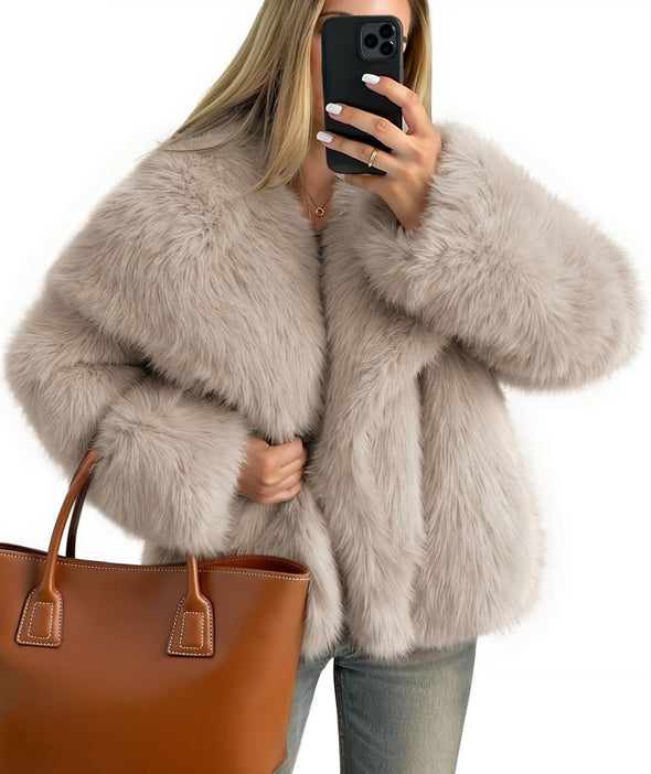 ZESICA Winter Faux Fur Coats Fluffy Jacket Lapel Shaggy Warm Outerwear