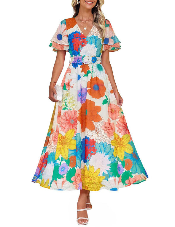 ZESICA Floral Print Short Sleeve V Neck High Waist Flowy Dress