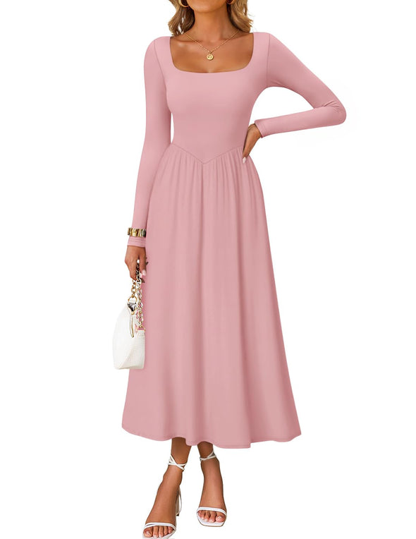 ZESICA Elegant Classy Square Neck Flowy Wedding Guest Dress
