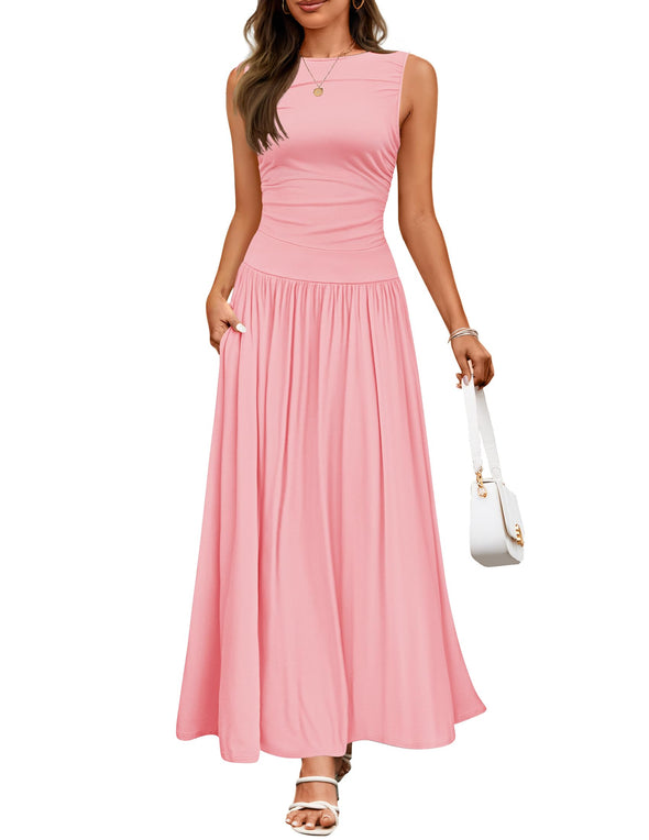 ZESICA Casual Crewneck Pleated Flowy Long Dress with Pockets