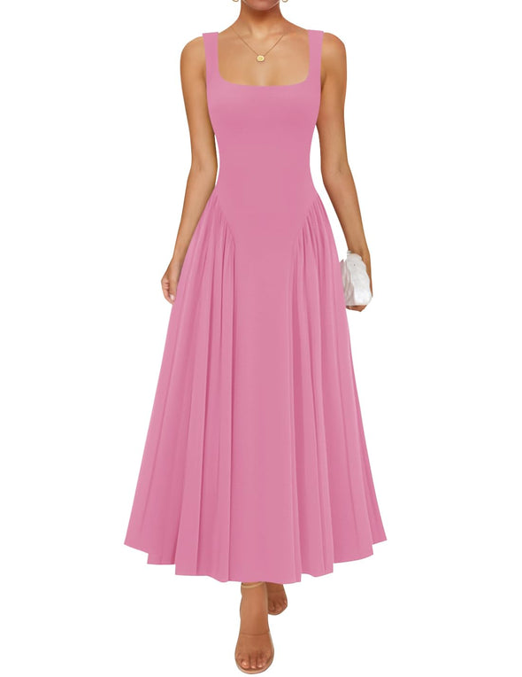 ZESICA Sleeveless Square Neck Casual Long Flowy A Line Dresses